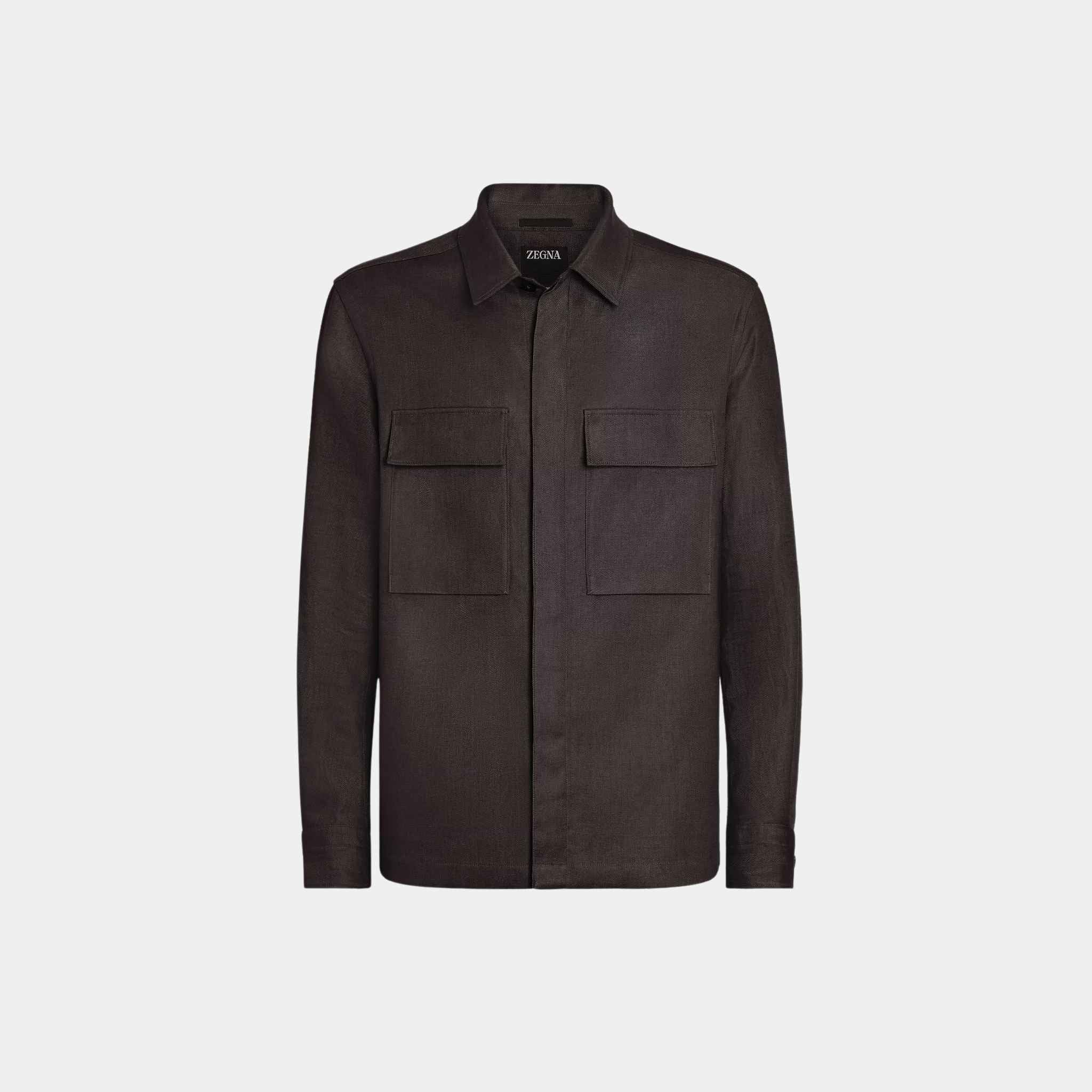 Zegna Oasi Lino Overshirt WIth Hidden Button Closure, Dark Brown, Front