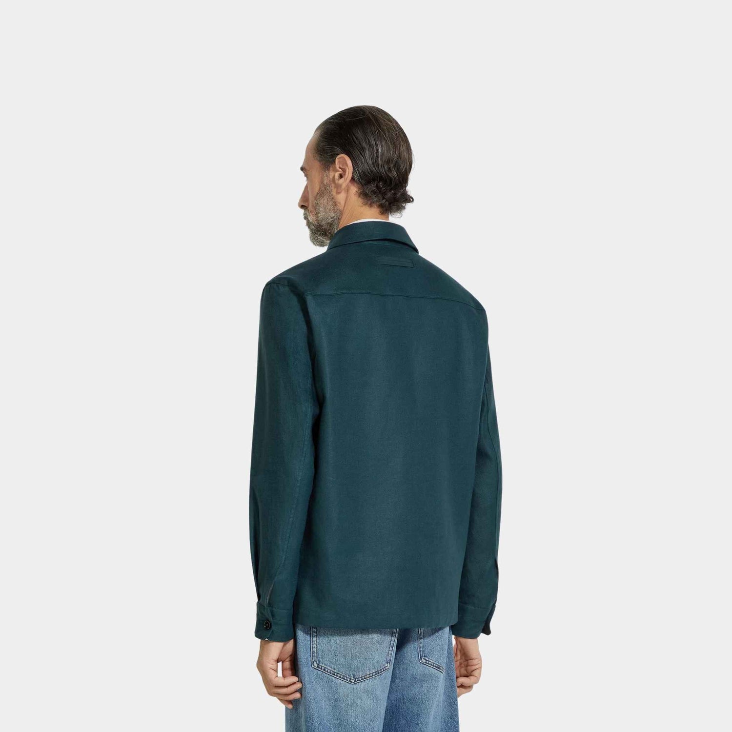Zegna Oasi Lino Overshirt WIth Hidden Button Closure, Dark Teal Blue, Back