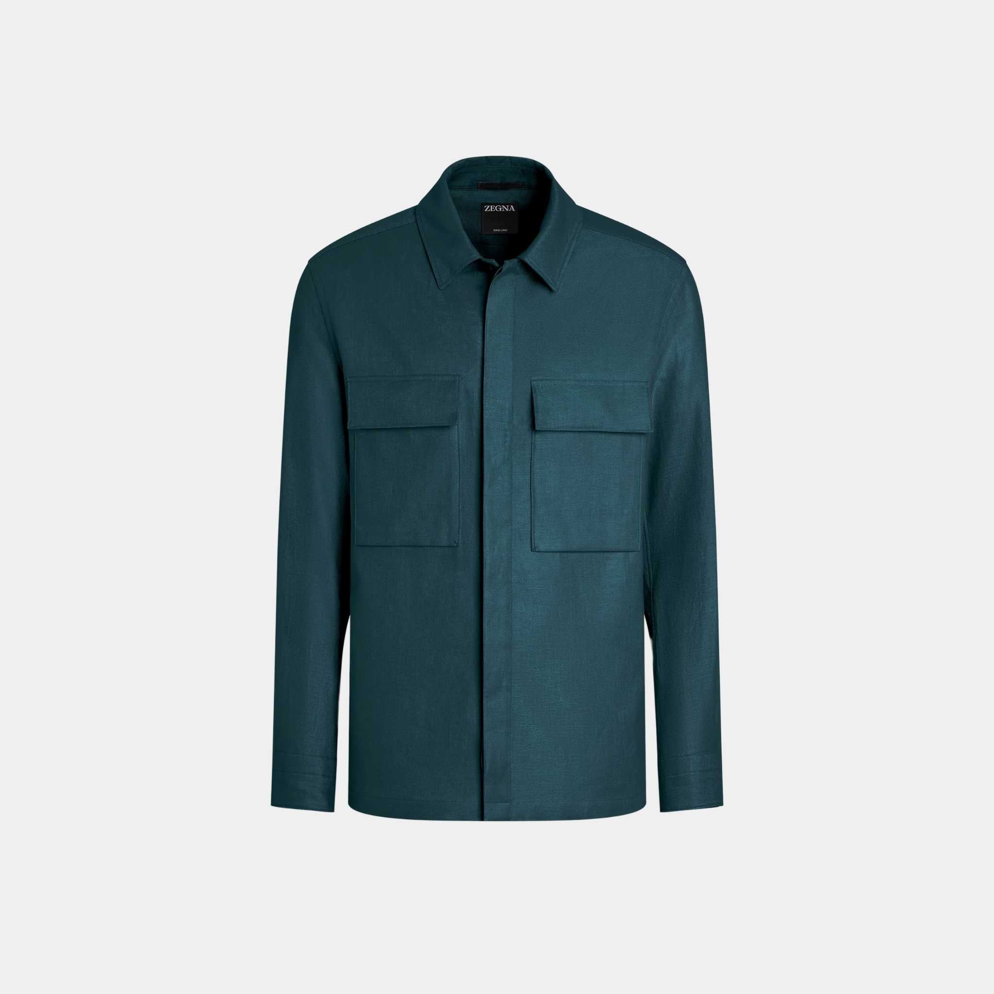 Zegna Oasi Lino Overshirt WIth Hidden Button Closure, Dark Teal Blue, Front