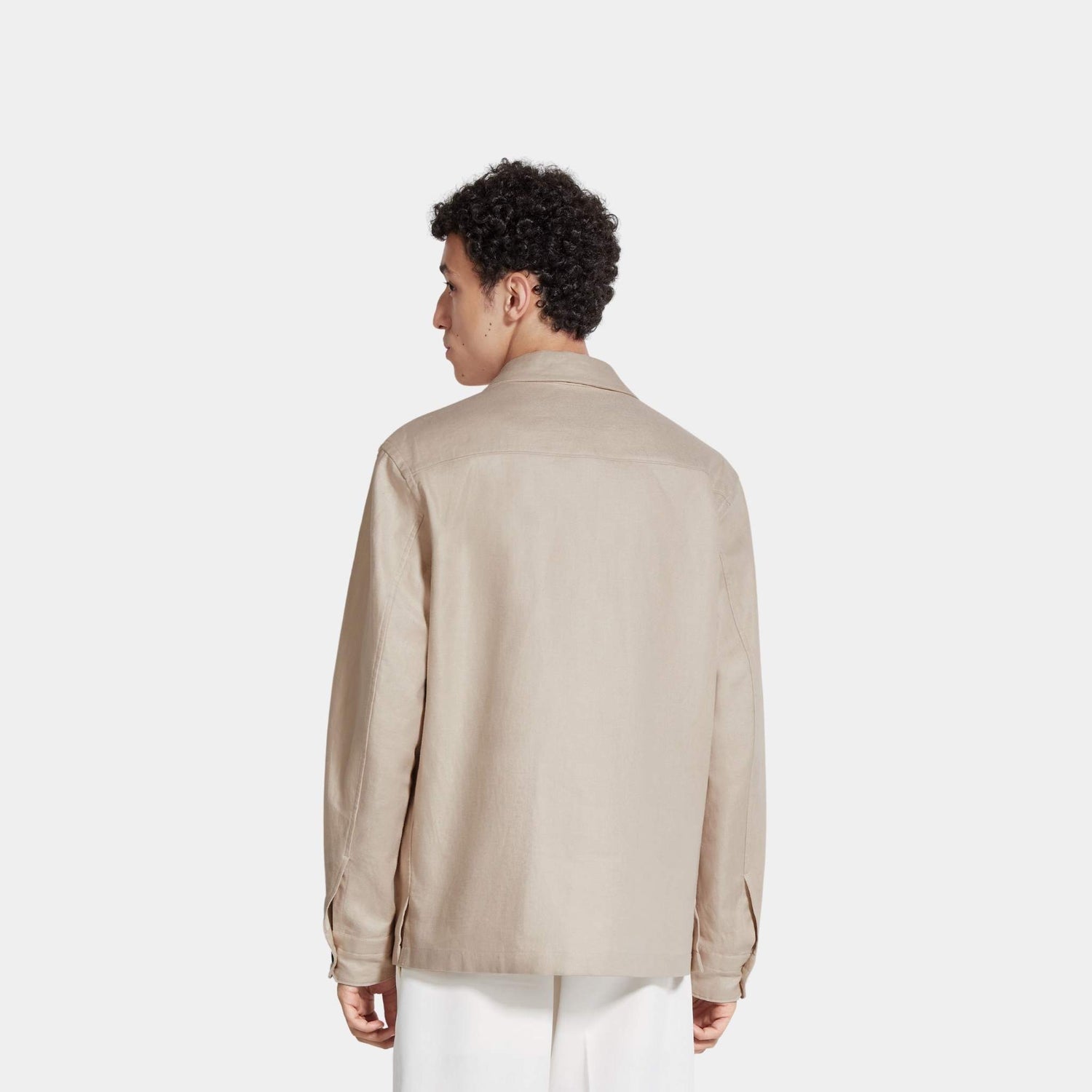 Zegna Oasi Lino Overshirt WIth Hidden Button Closure, Light Beige, Back