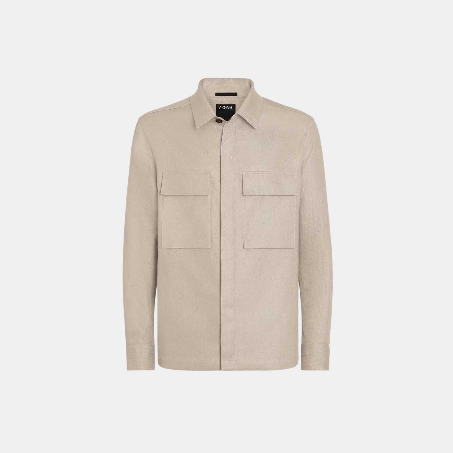 Zegna Oasi Lino Overshirt WIth Hidden Button Closure, Light Beige, Front