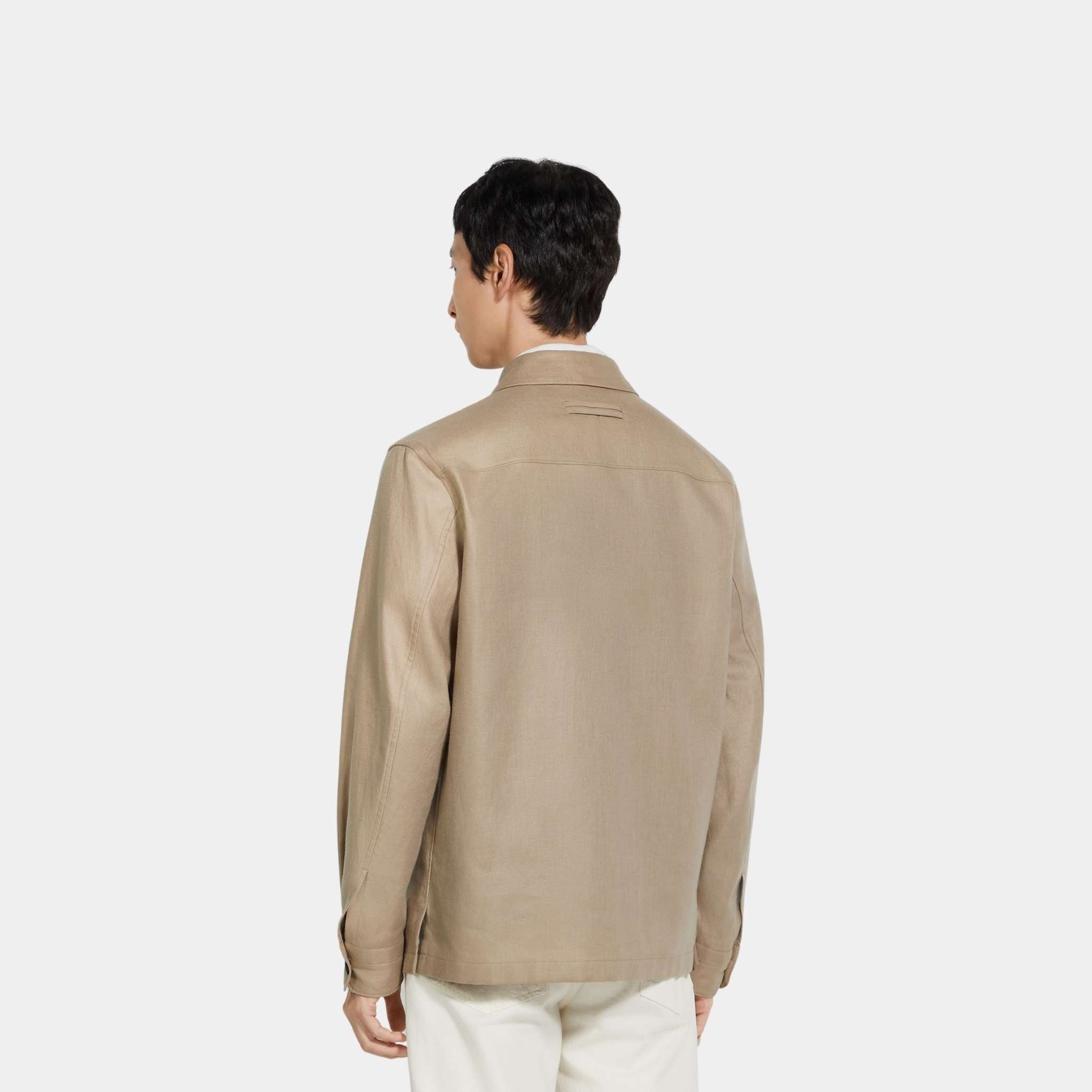Zegna Oasi Lino Overshirt WIth Hidden Button Closure, Light Taupe, Back