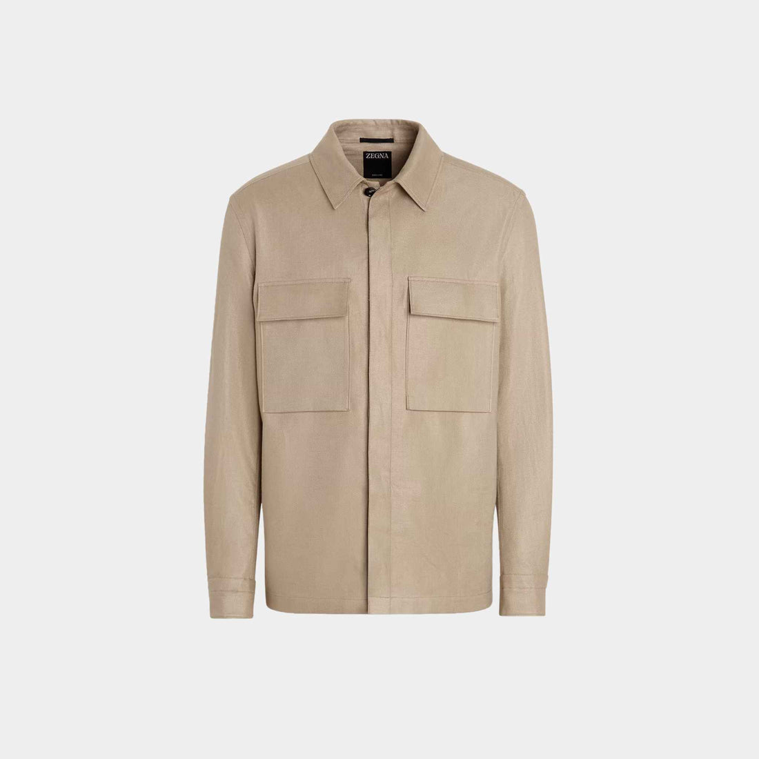 Zegna Oasi Lino Overshirt WIth Hidden Button Closure, Light Taupe, Front