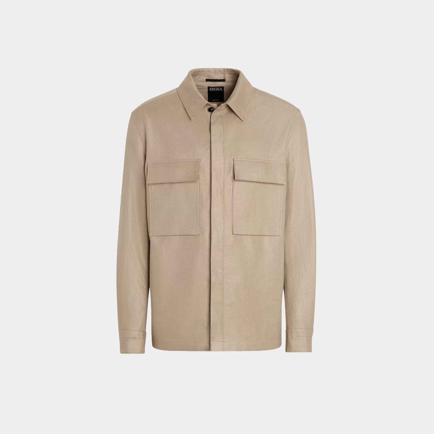 Zegna Oasi Lino Overshirt WIth Hidden Button Closure, Light Taupe, Front