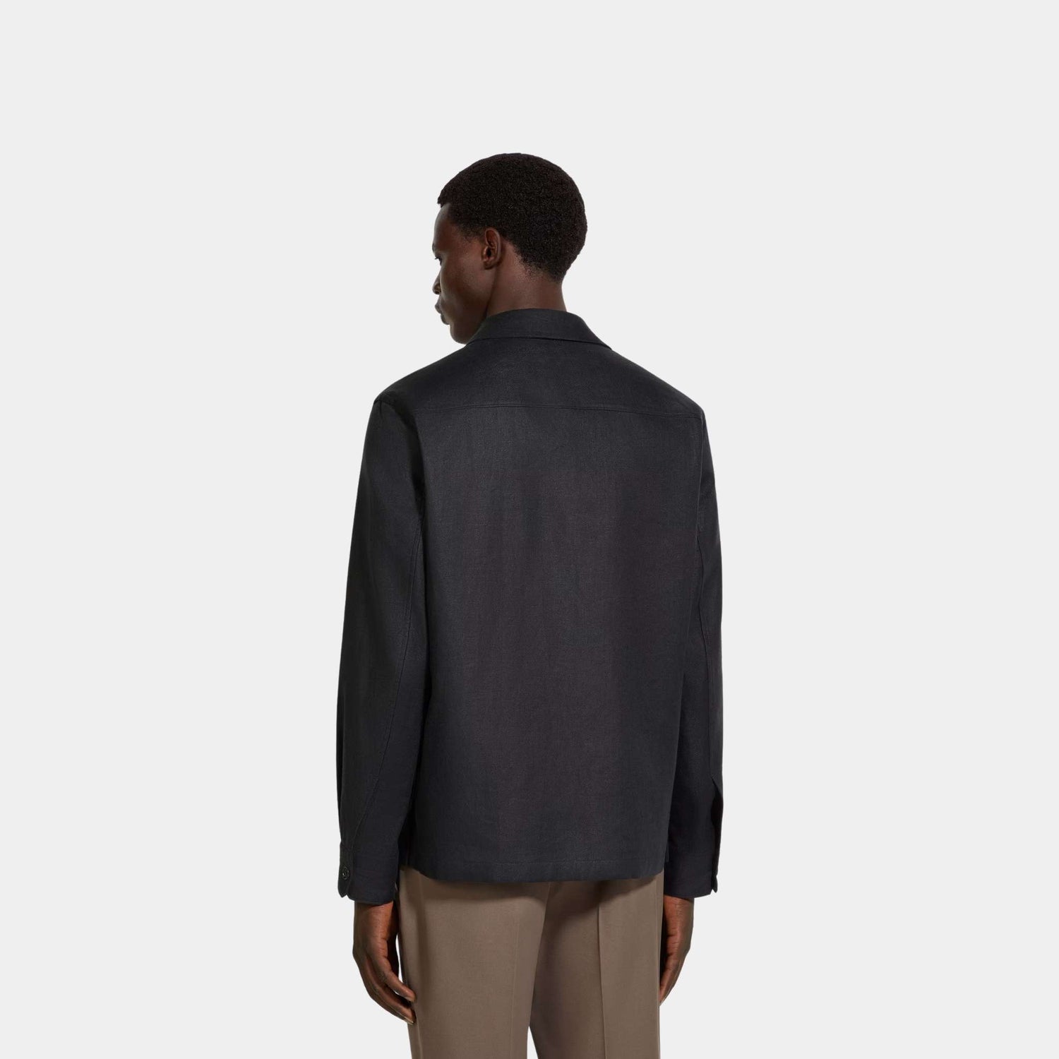 Zegna Oasi Lino Overshirt WIth Hidden Button Closure, Navy Blue, Back