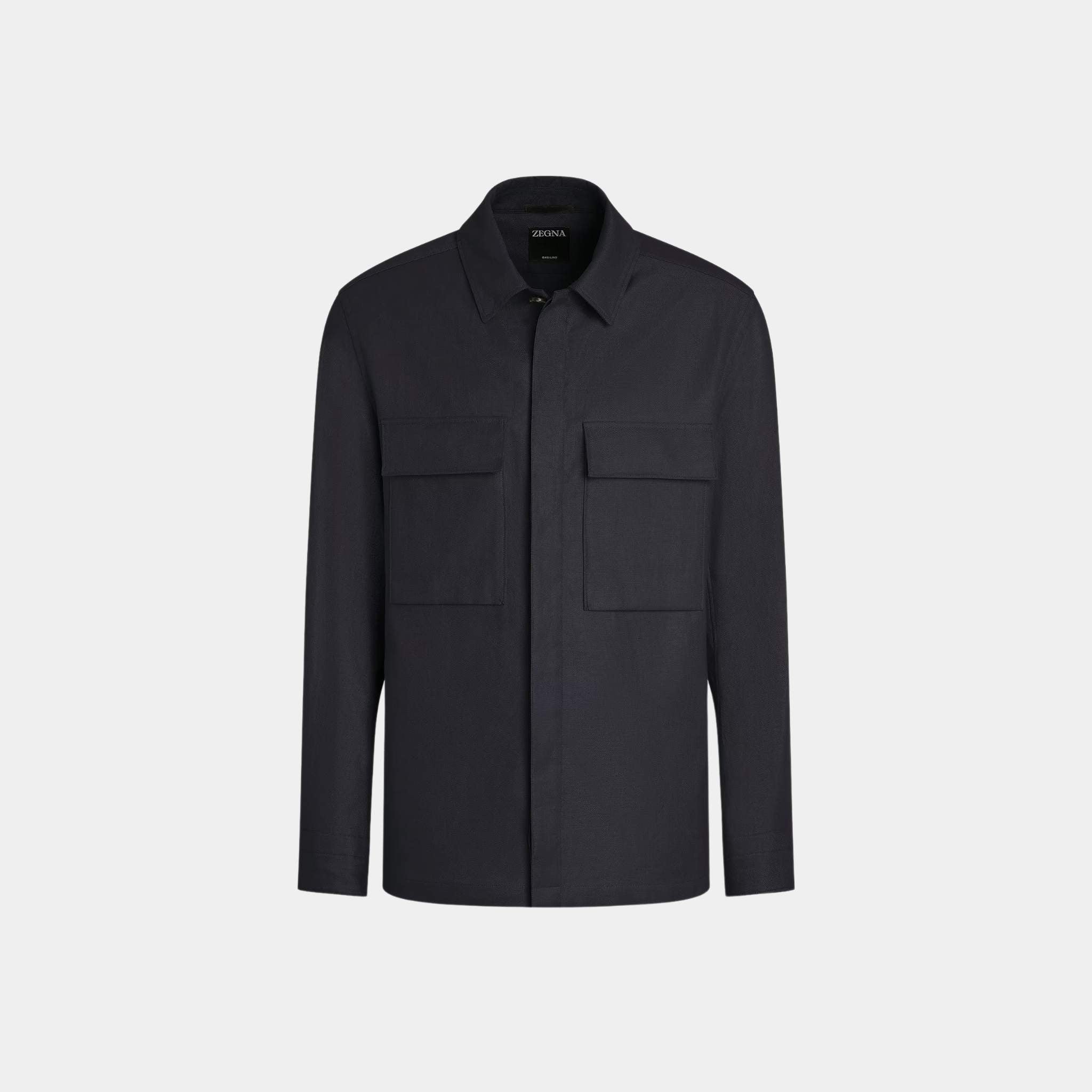 Zegna Oasi Lino Overshirt WIth Hidden Button Closure, Navy Blue, Front