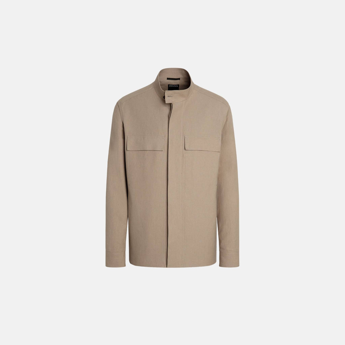 Zegna Oasi Lino Overshirt With Stand Collar, Front