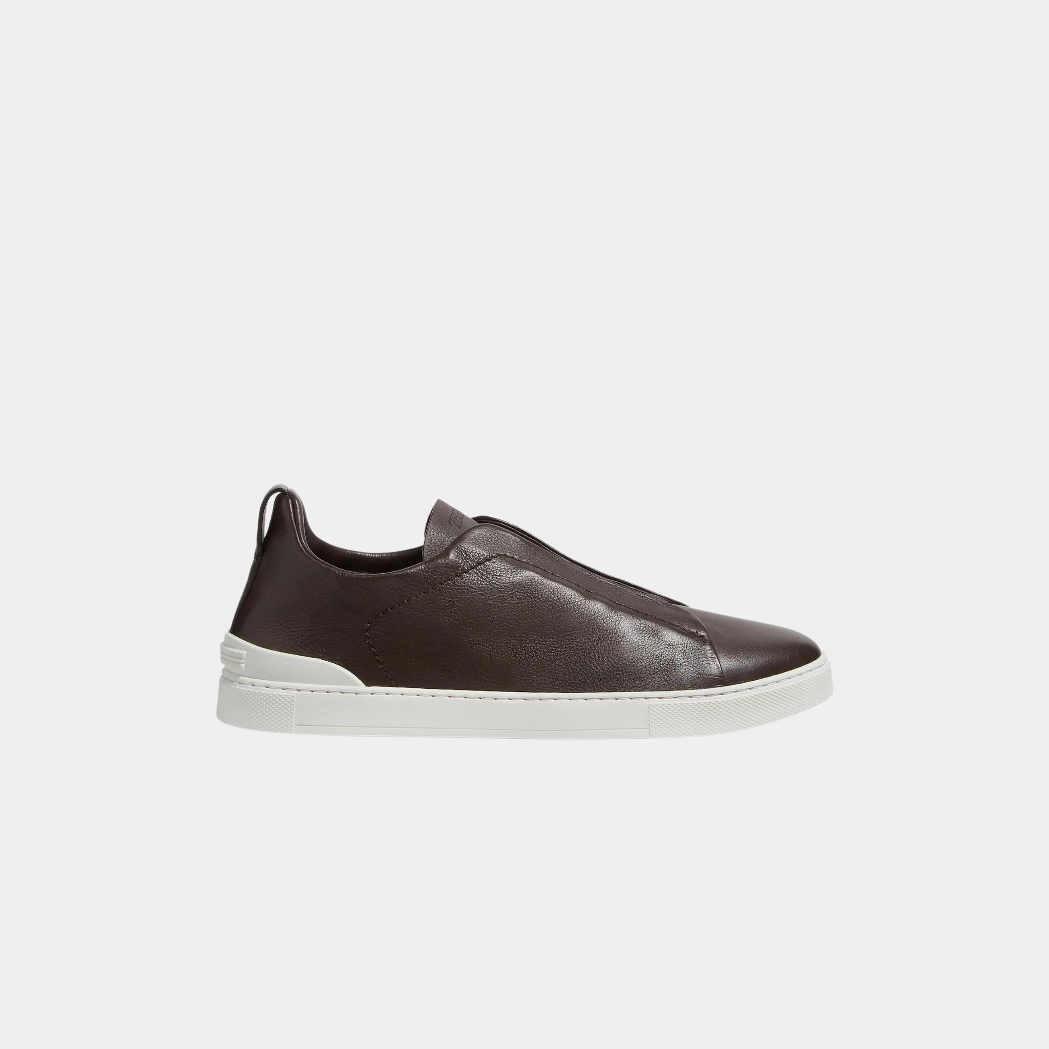 Zegna SECONDSKIN Triple Stitch Sneakers, Dark Brown, Side