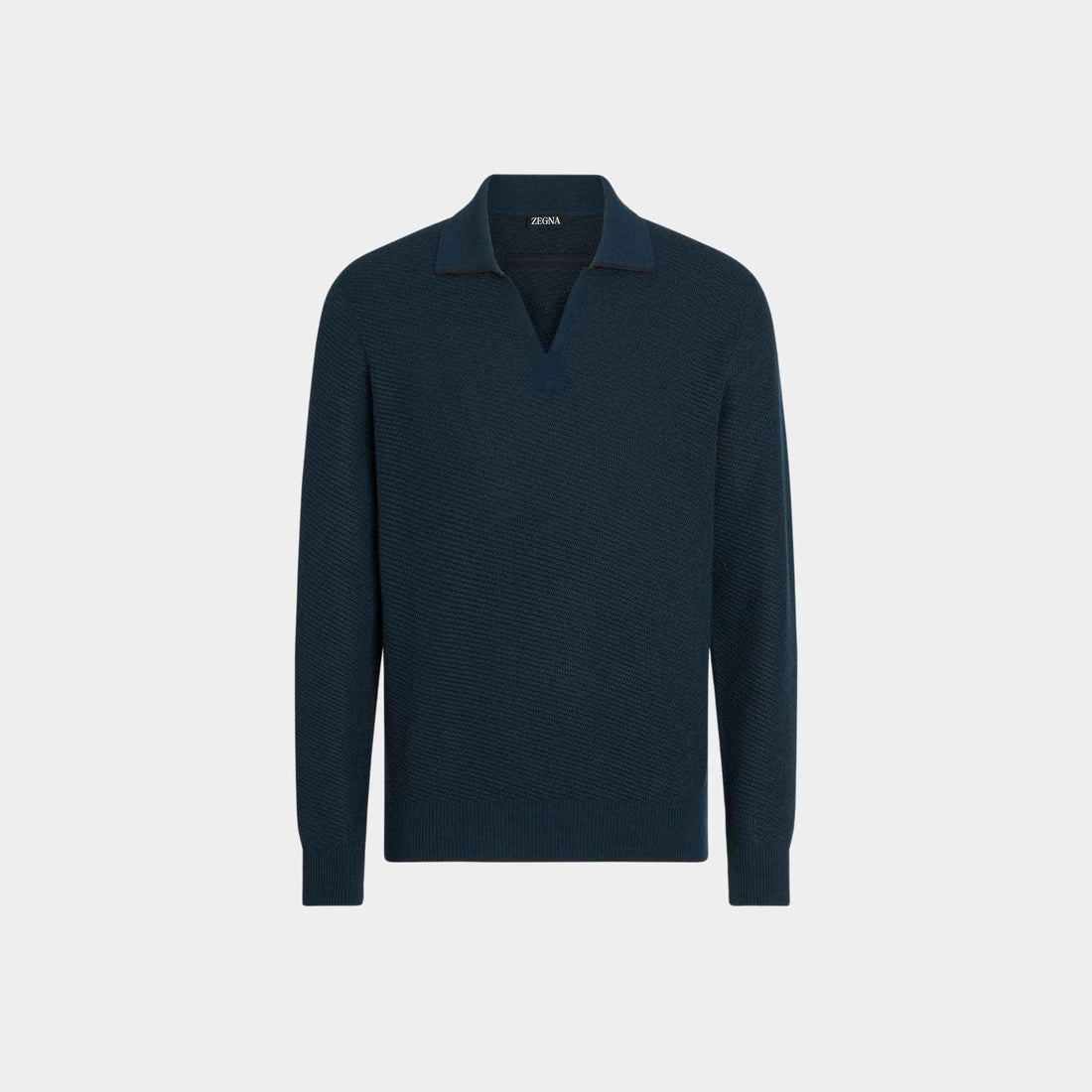 Zegna Silk And Cashmere Polo Shirt With Jacquard Pattern, Dark Teal Blue, Front