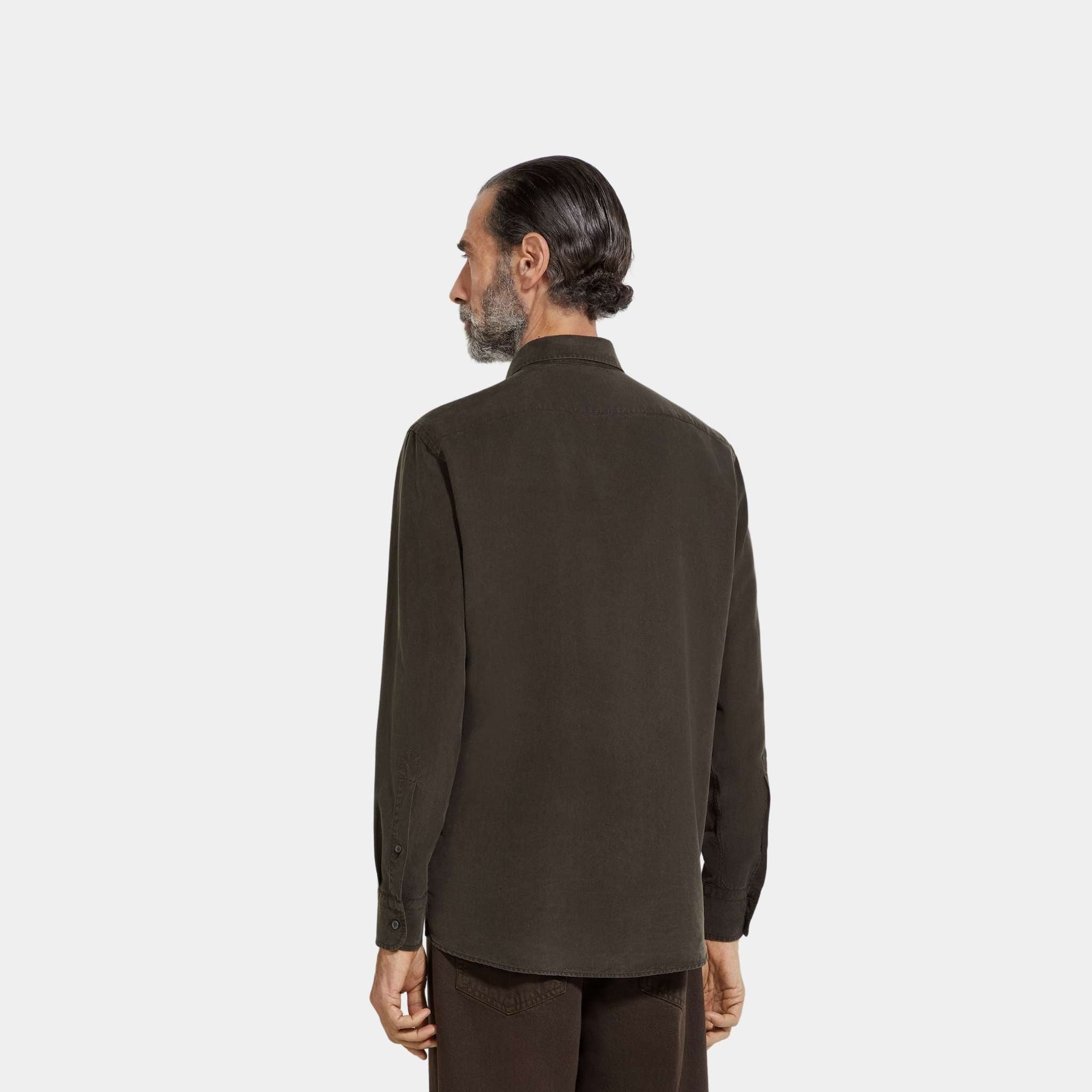 Zegna Silk Shirt With Semi-Spread Collar, Dark Brown, Back