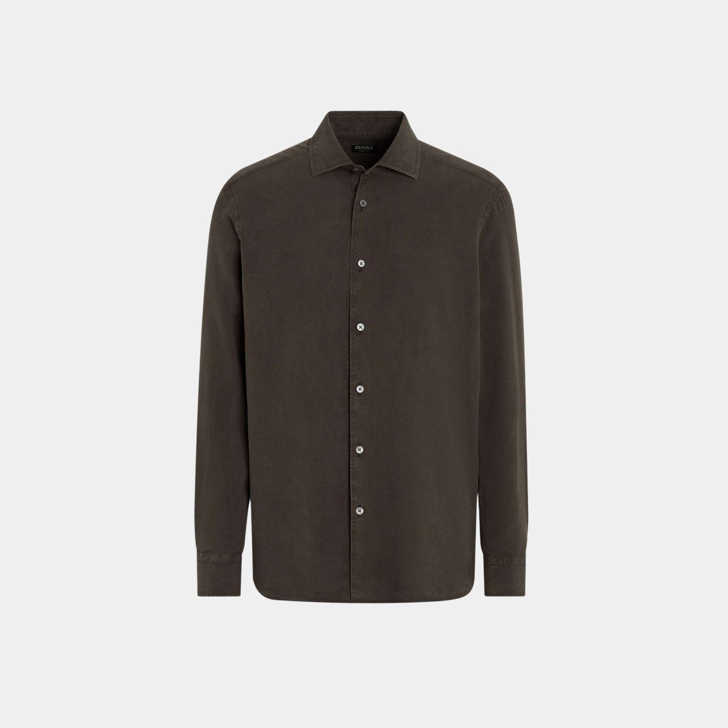 Zegna Silk Shirt With Semi-Spread Collar, Dark Brown, Front