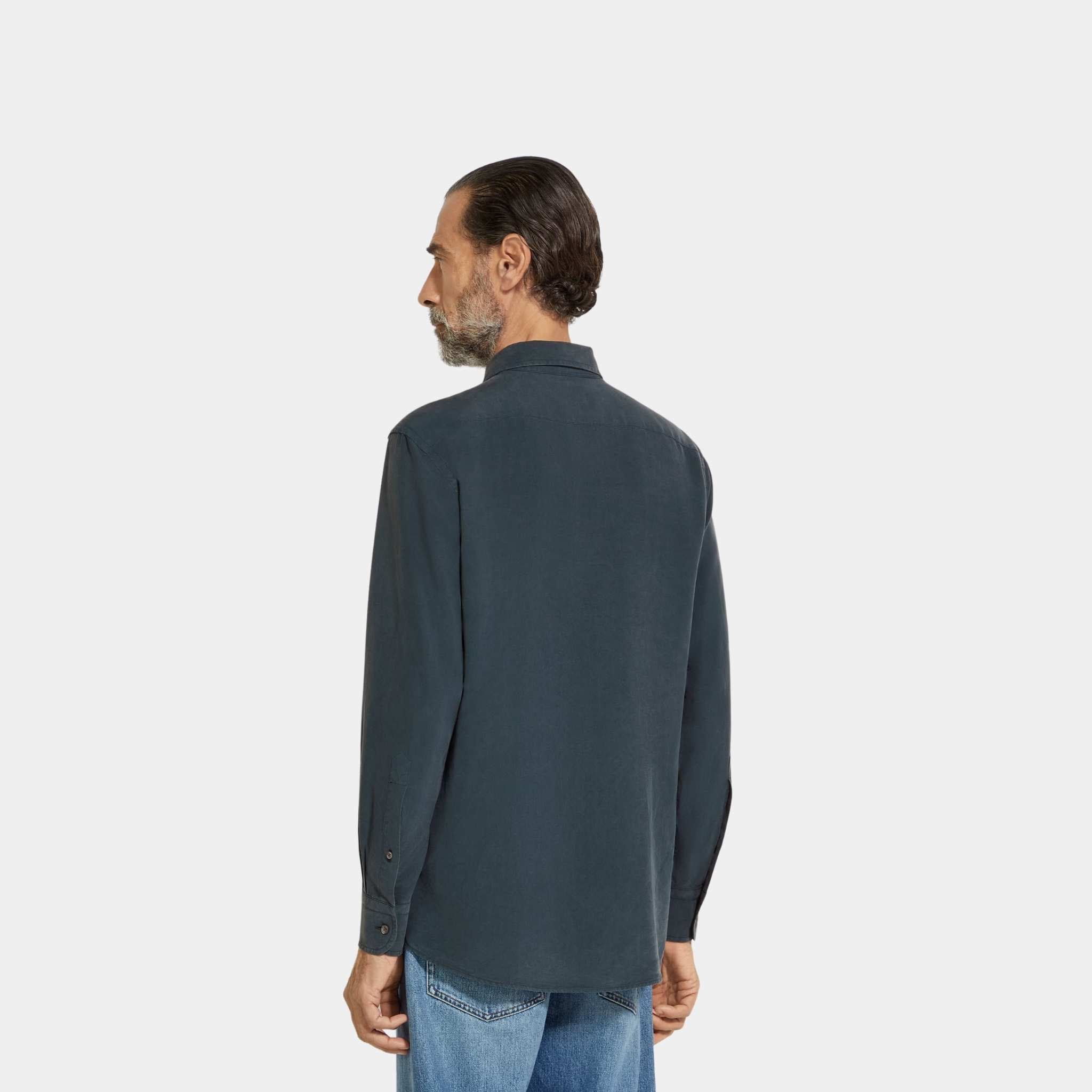 Zegna Silk Shirt With Semi-Spread Collar, Dark Teal Blue, Back