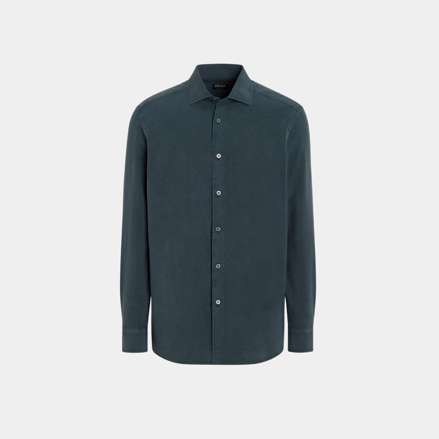 Zegna Silk Shirt With Semi-Spread Collar, Dark Teal Blue, Front