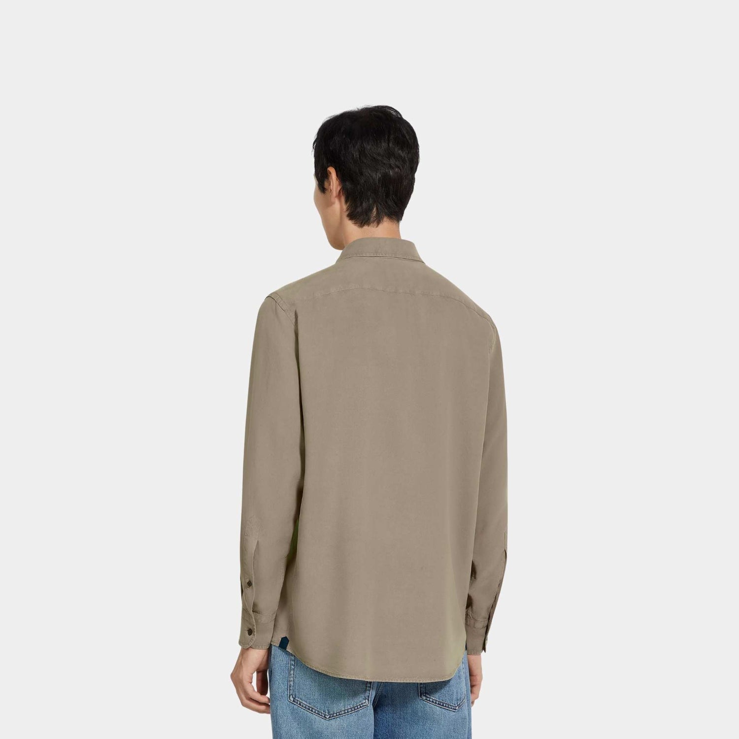 Zegna Silk Shirt With Semi-Spread Collar, Light Taupe, Back