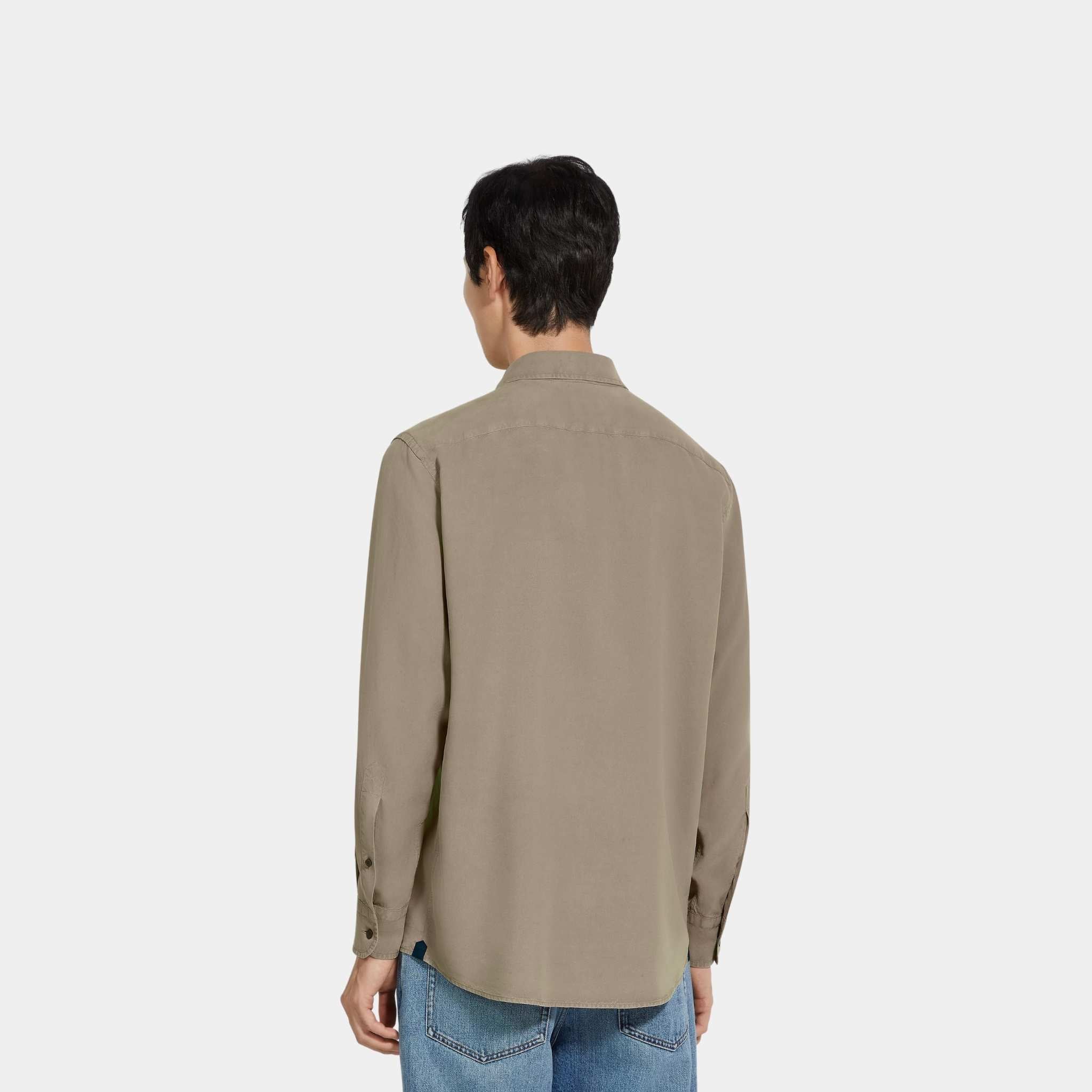 Zegna Silk Shirt With Semi-Spread Collar, Light Taupe, Back