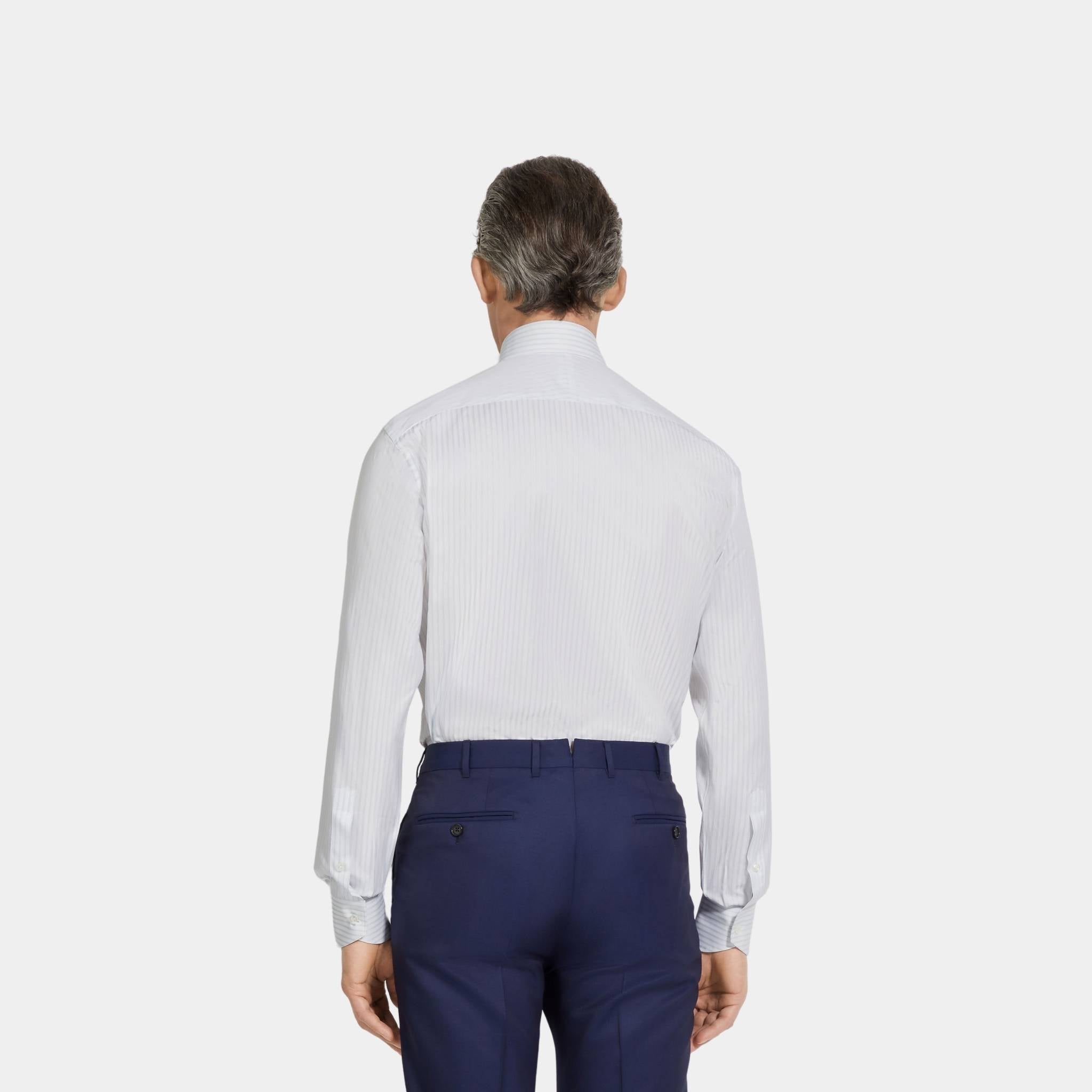 Zegna Structured Striped Centoventimila Cotton Shirt, White, Light Grey, Back