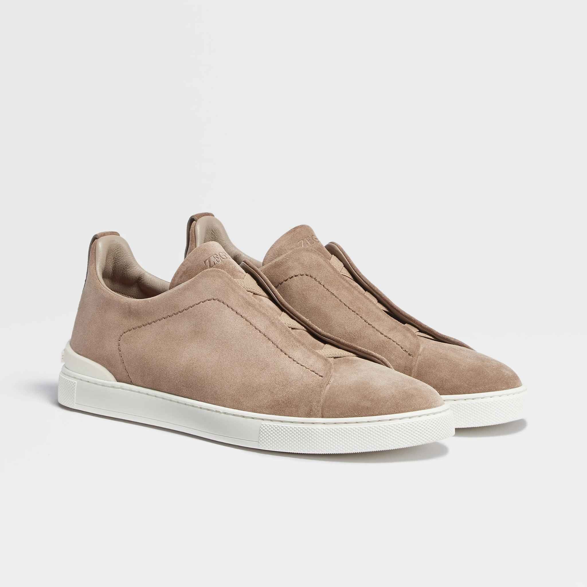 Zegna Suede Triple Stitch Sneakers, Beige, Front