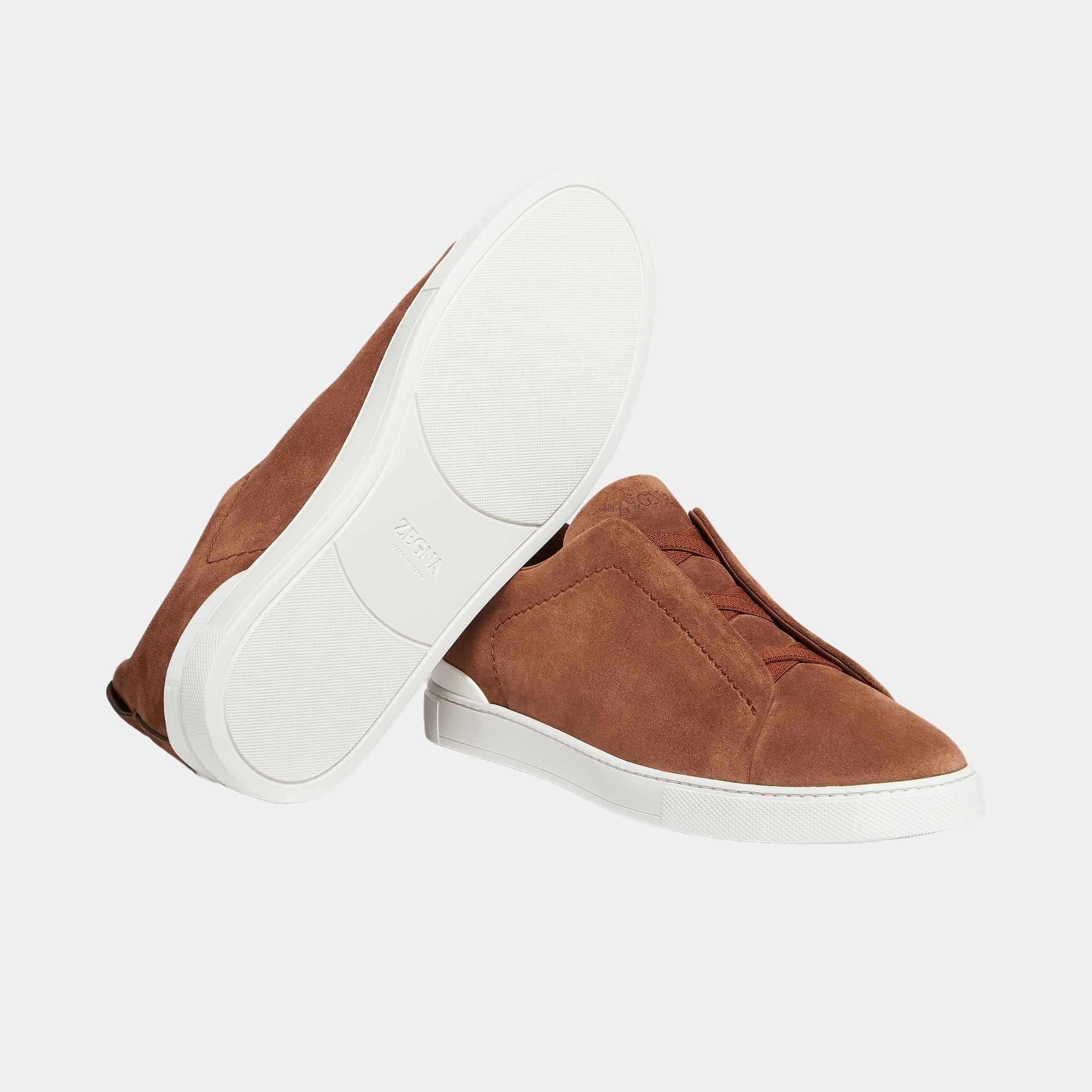 Zegna Suede Triple Stitch Sneakers, Brown, Close