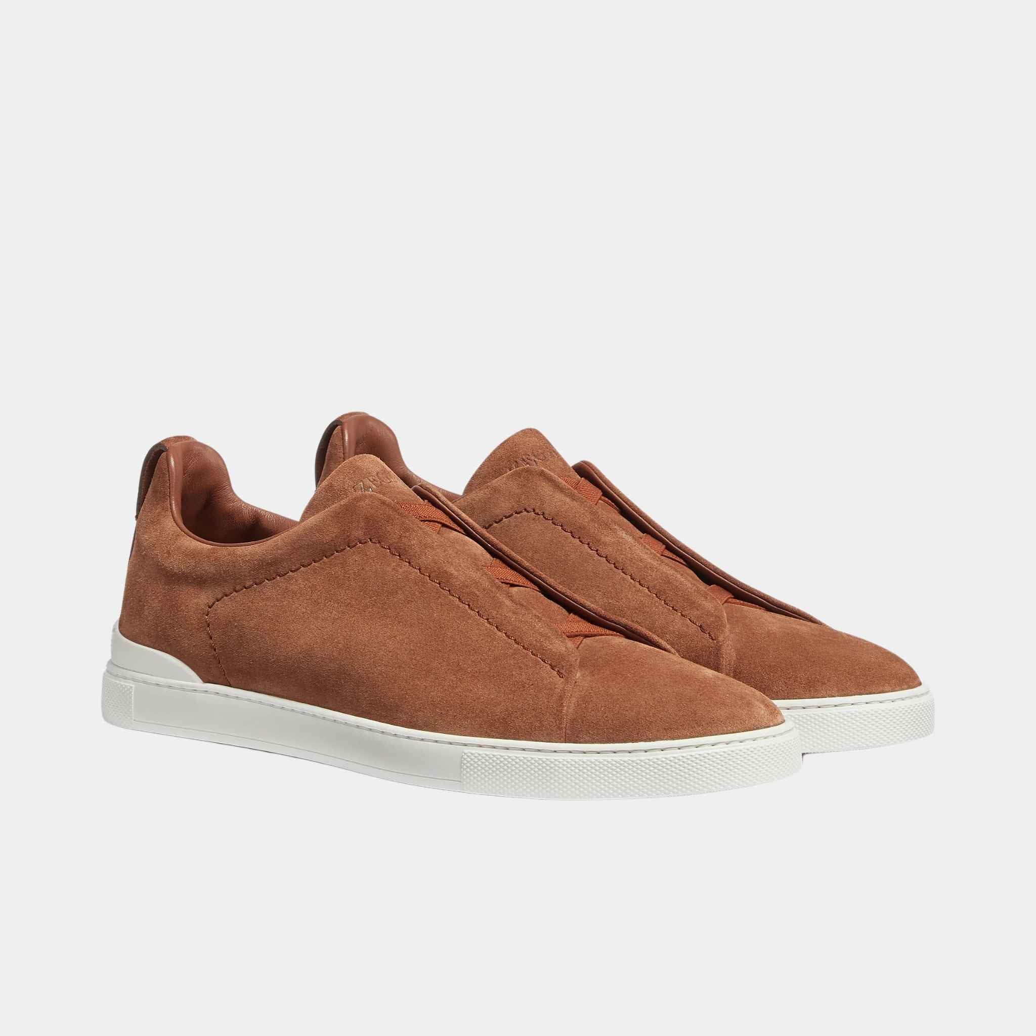 Zegna Suede Triple Stitch Sneakers, Brown, Front