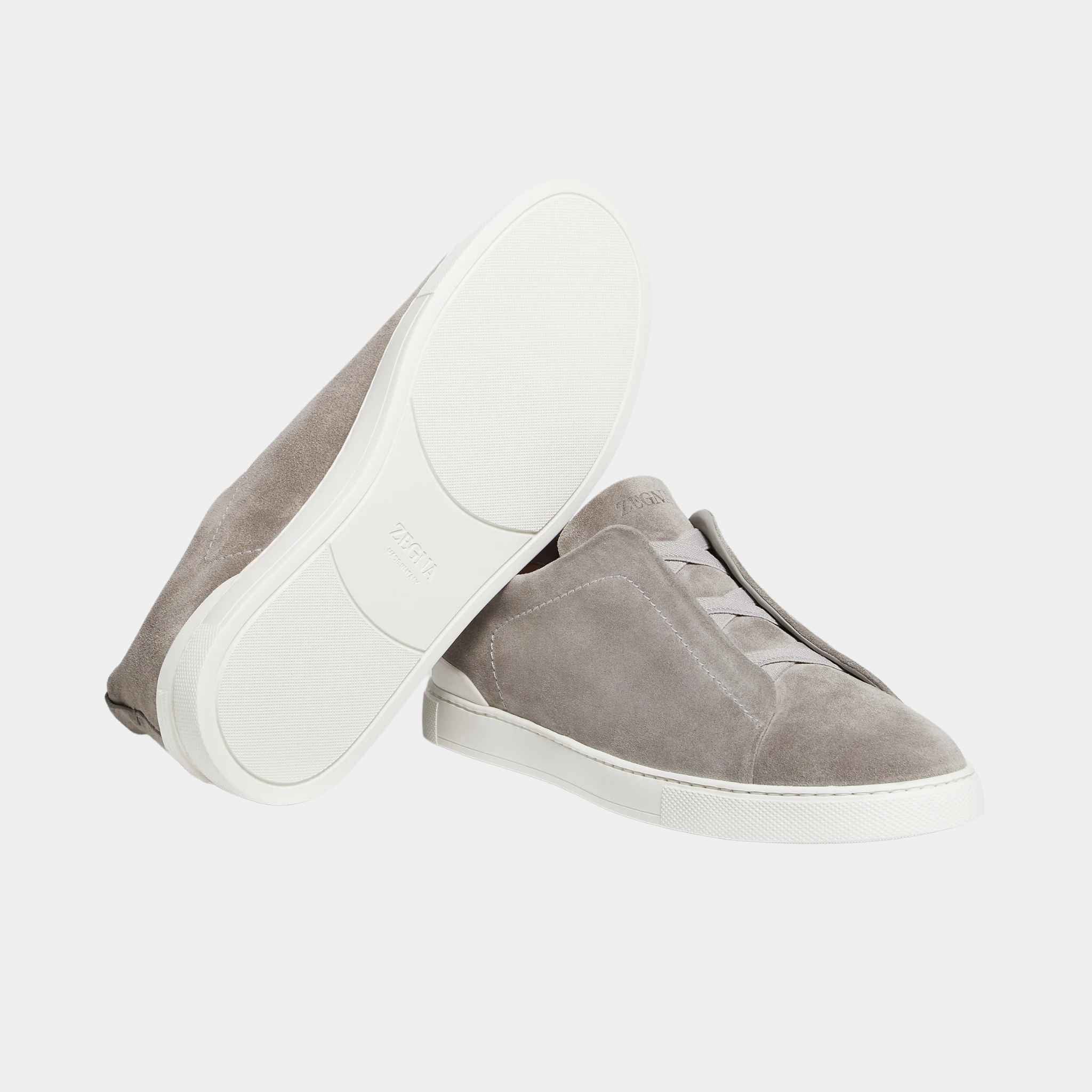 Zegna Suede Triple Stitch Sneakers, Grey Melange, Close