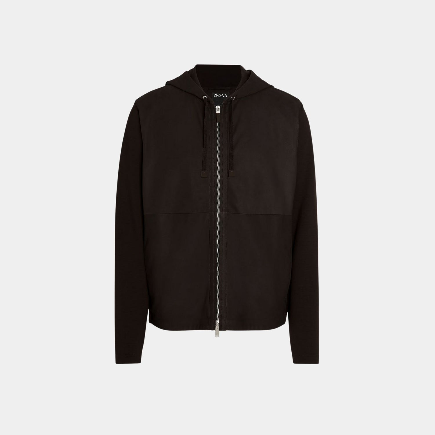 Zegna Wool and SECONDSKIN Hoodie, Dark Brown, Front