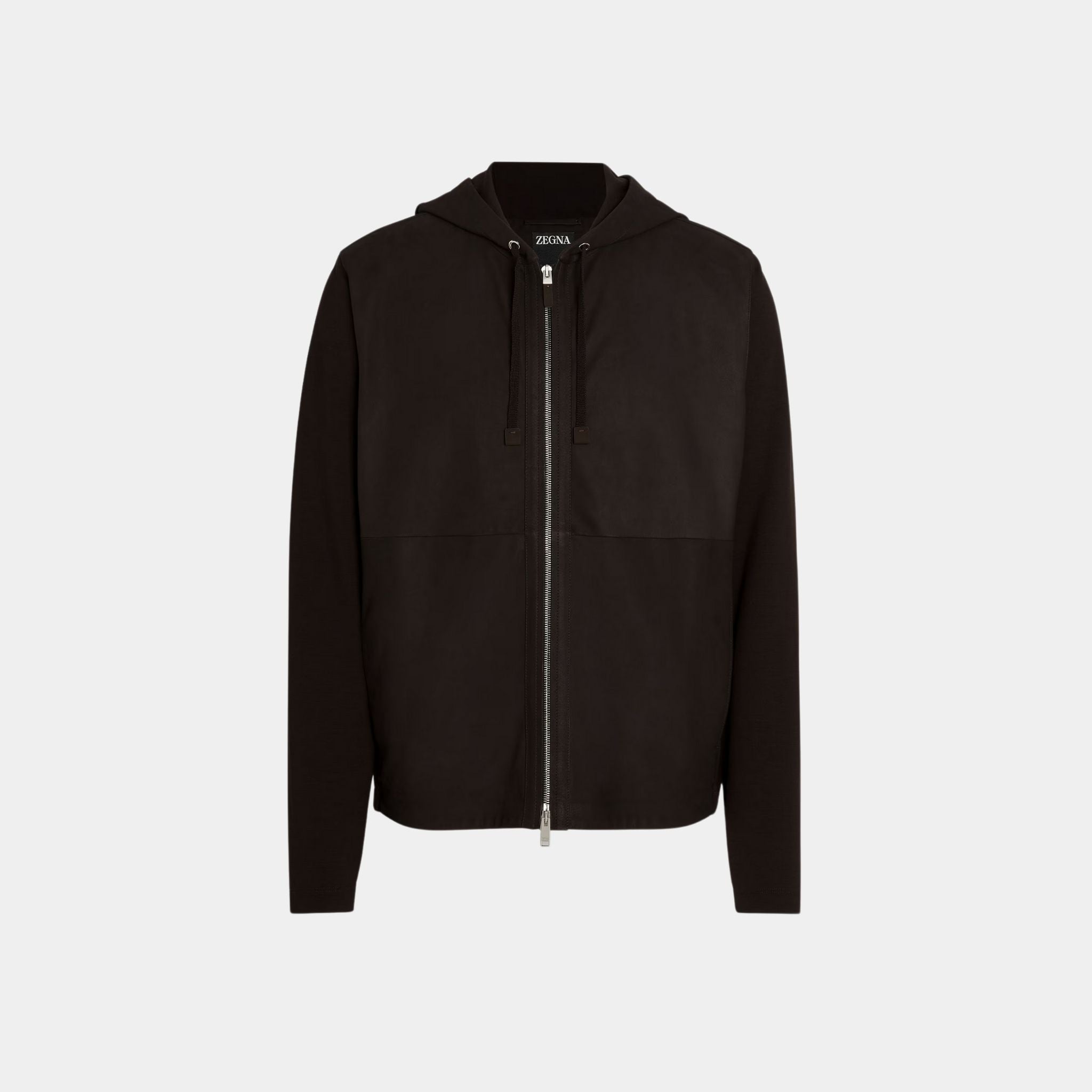 Zegna Wool and SECONDSKIN Hoodie, Dark Brown, Front