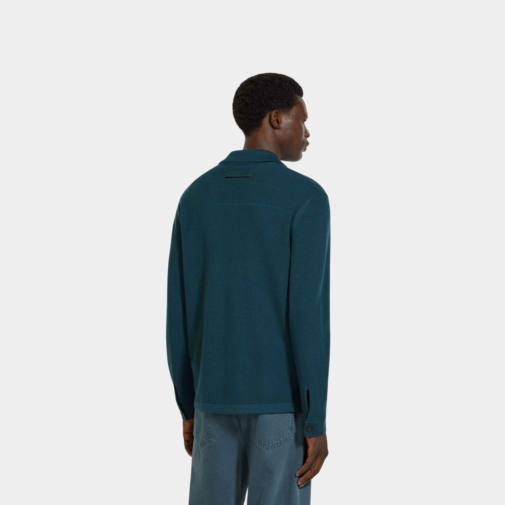 Zegna Wool Shirt With Tridimensional Stitch, Dark Teal Blue, Back